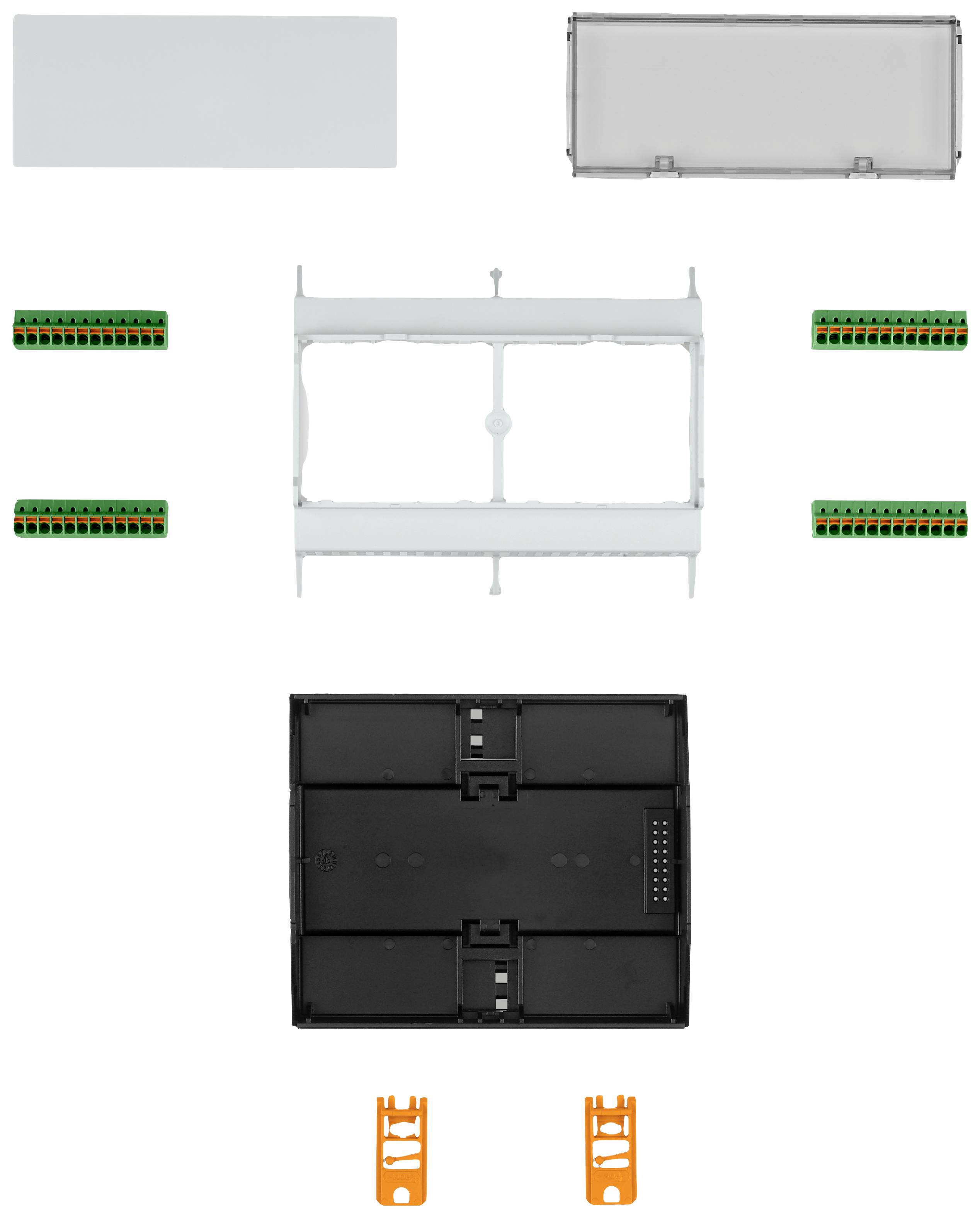 Open switchboard with various cable connections, mountings, and covers, showing an assembly instruction or parts overview.