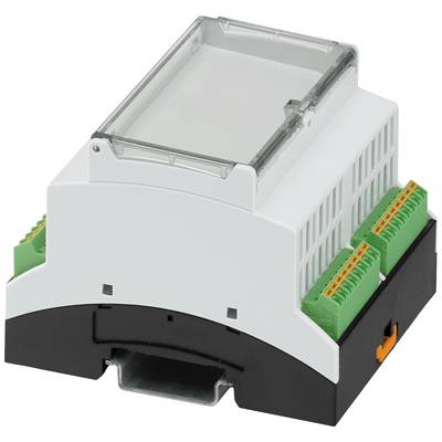 A white electronic device in a rectangular shape with green connectors on the sides and a transparent lid.