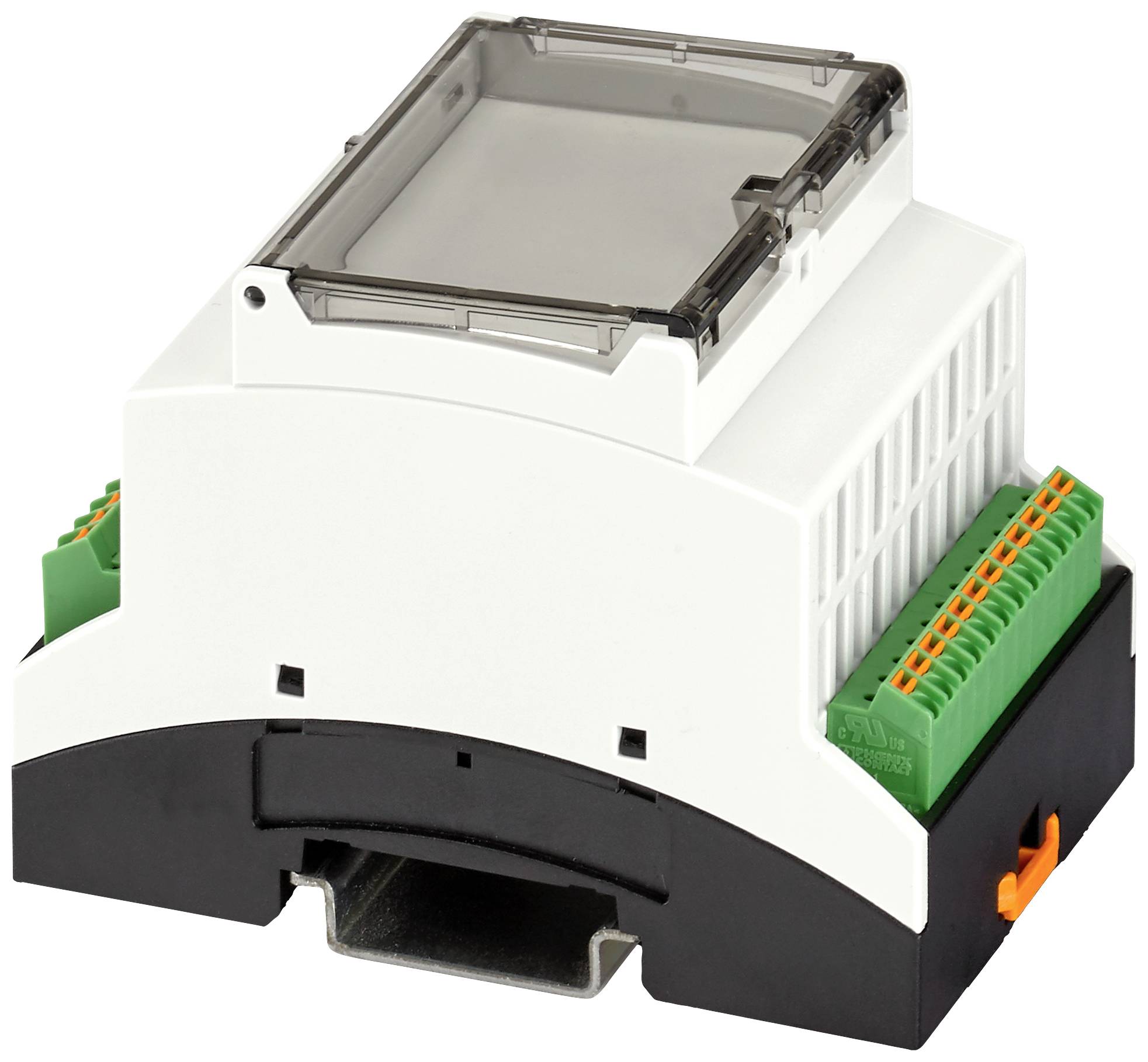 Electronic device in a plastic casing with green and orange connection terminals, potentially for industrial applications.
