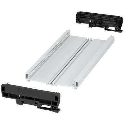 Metal plate with two black plastic mounting brackets. Objects are separately arranged and appear to belong together.