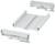 Three grey, rectangular plastic components in different shapes, possibly for assembling a housing or frame.