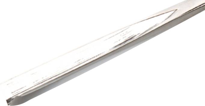 A detailed image of a surgical needle made of metal with a sharp point.