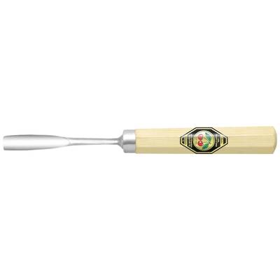Woodcarving tool with a wooden handle and metal blade, featuring a label with red flowers.