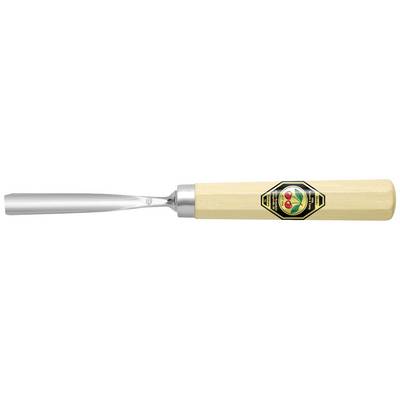 Woodcarving tool with a wooden handle and metal blade. Logo on the handle displays red and green ornaments.