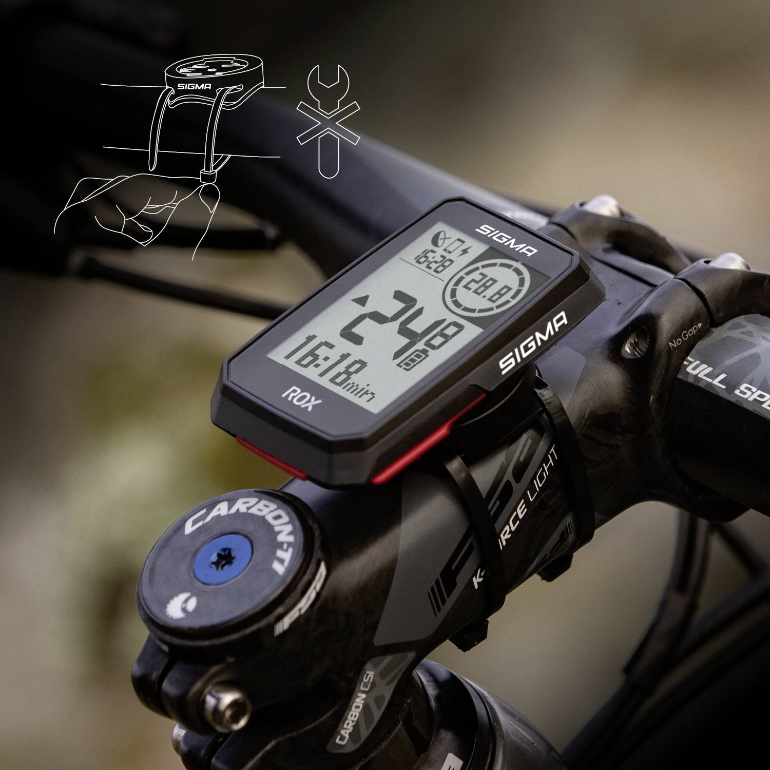 Bicycle computer with digital display mounted on a handlebar; shows speed, distance and time; tool sketch beside it.