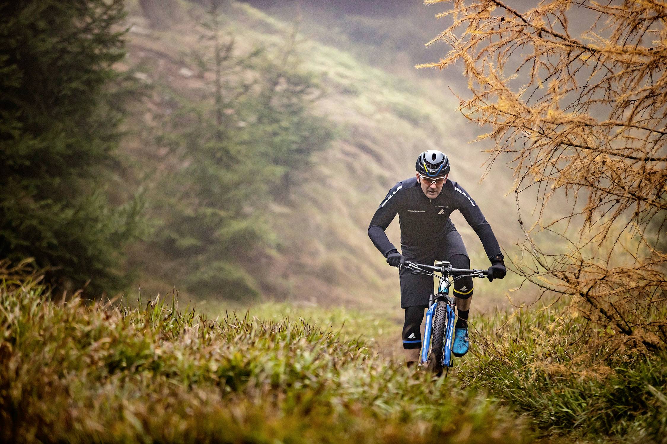 A mountain biker in black clothing is cycling up a grass-covered hill, surrounded by autumnal nature and trees.