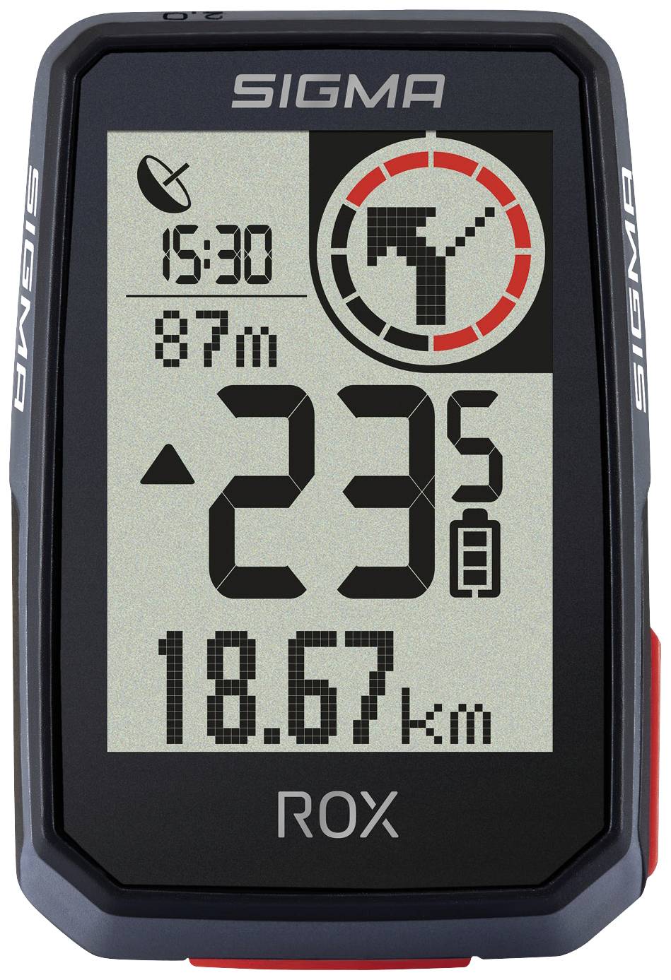 Bicycle computer shows time as 15:30, altitude 87m, distance 18.67 km and direction arrow. Battery indicator is visible.