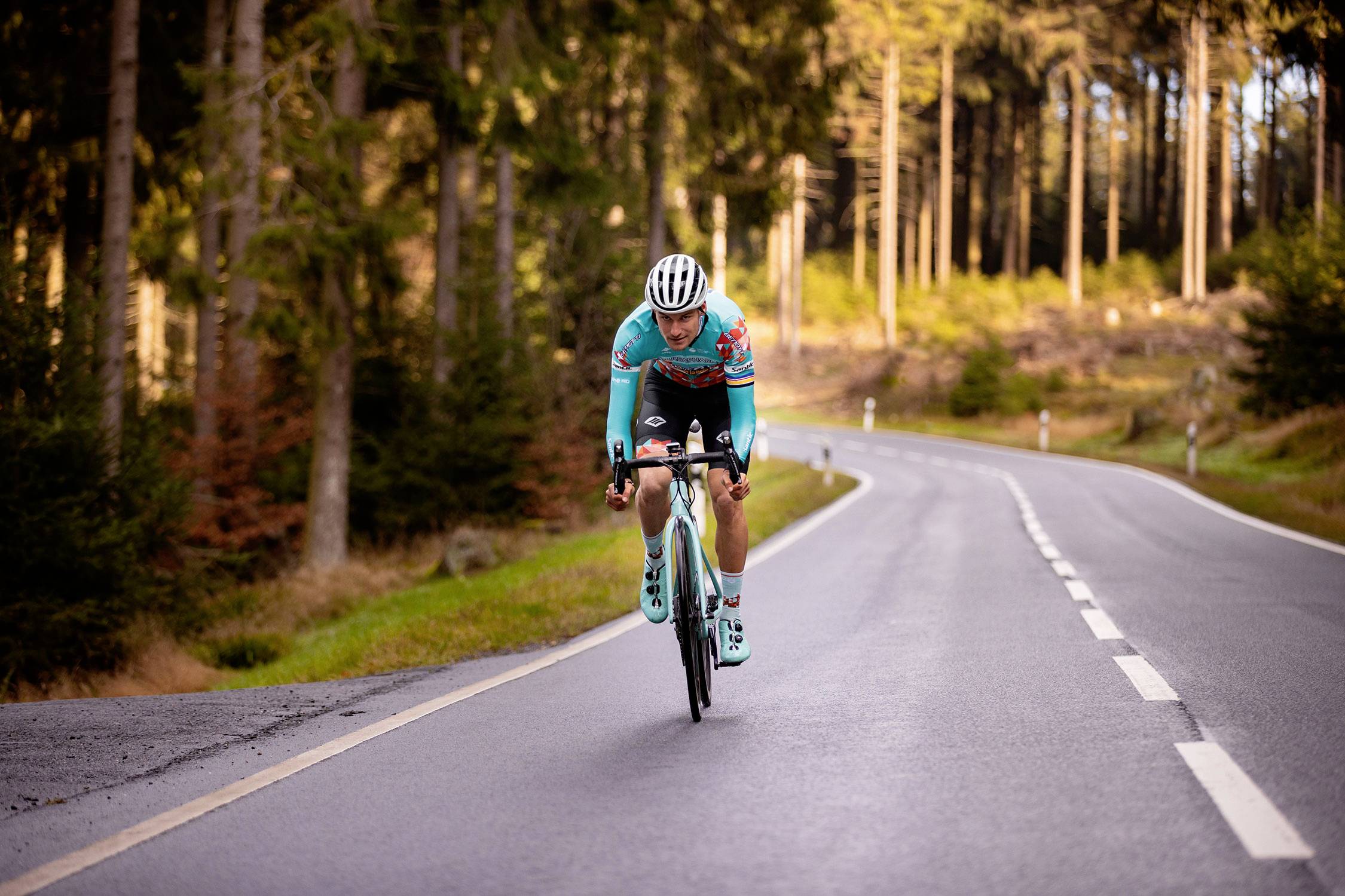 A cyclist in colourful sportswear is riding along a winding country road through a forest at sunset.