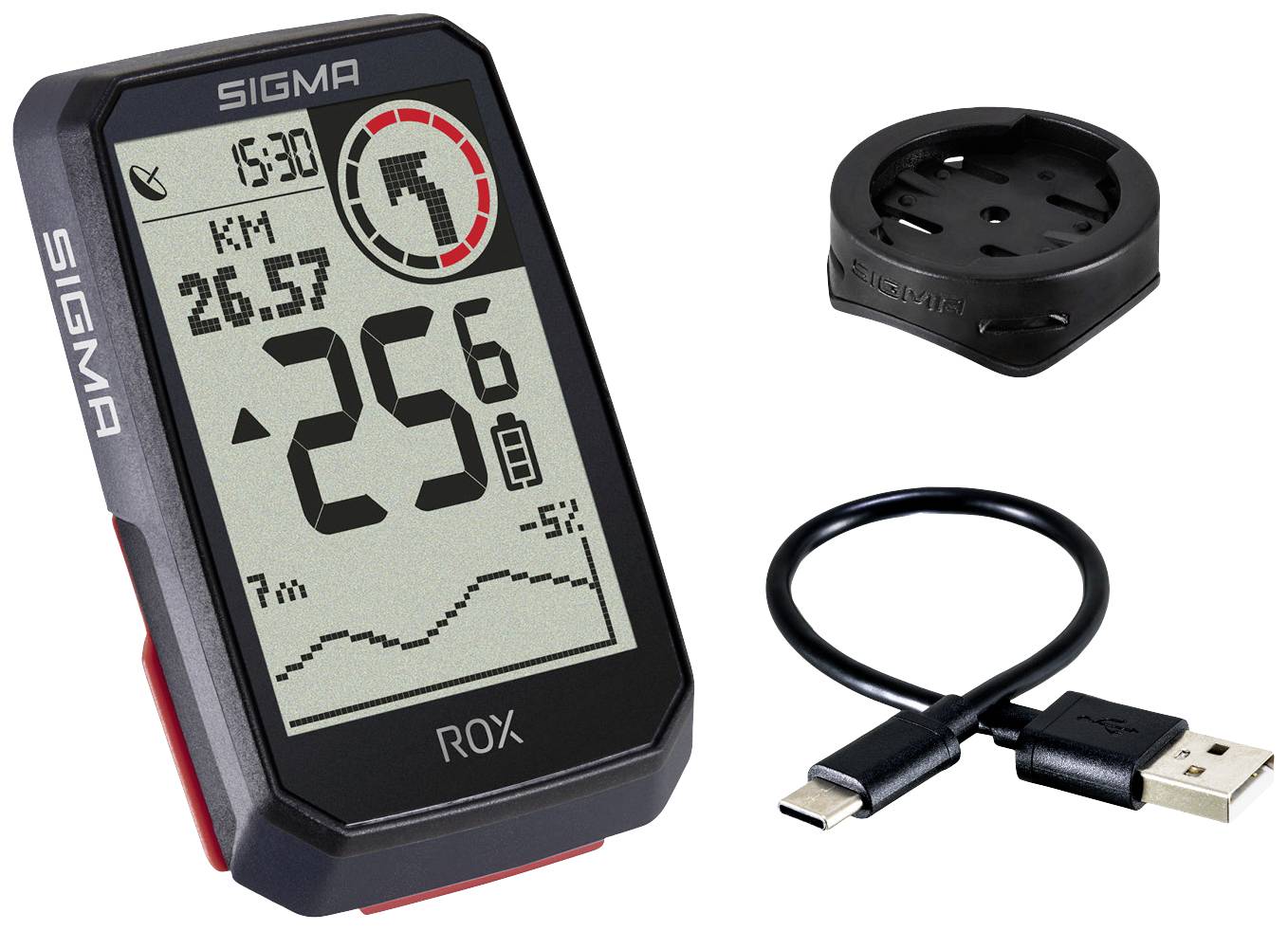 Bicycle computer with display for time, distance, and altitude. Includes mount and USB cable for connection and charging.