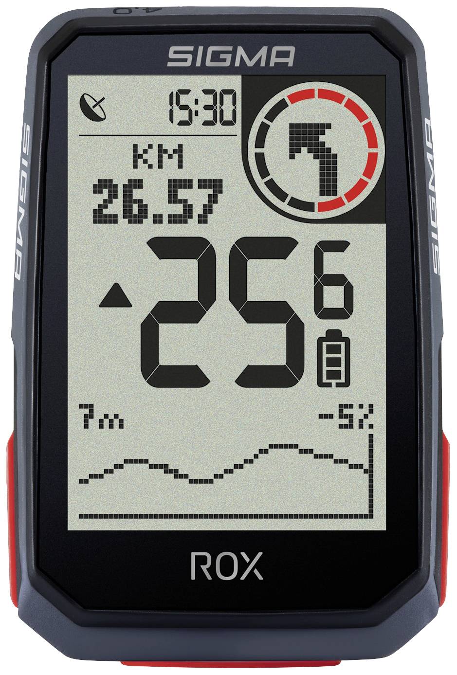 Bicycle computer display shows: Time 15:30, Distance 26.57 km, Speed -25.6 km/h, Altitude 7 m, Descent -5%.