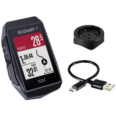 Bicycle computer 'SIGMA ROX' displays speed, time, distance. Includes: mount and USB cable.