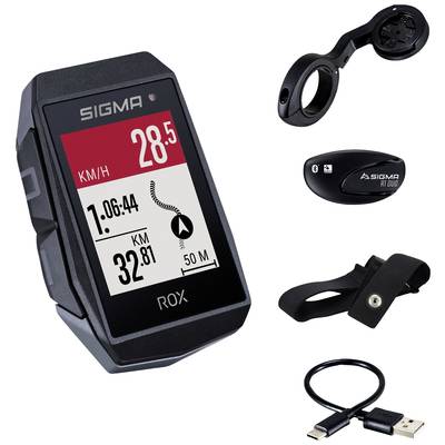 Bicycle computer with display for speed, distance and time. Includes mount, sensor, fastening strap and USB cable.