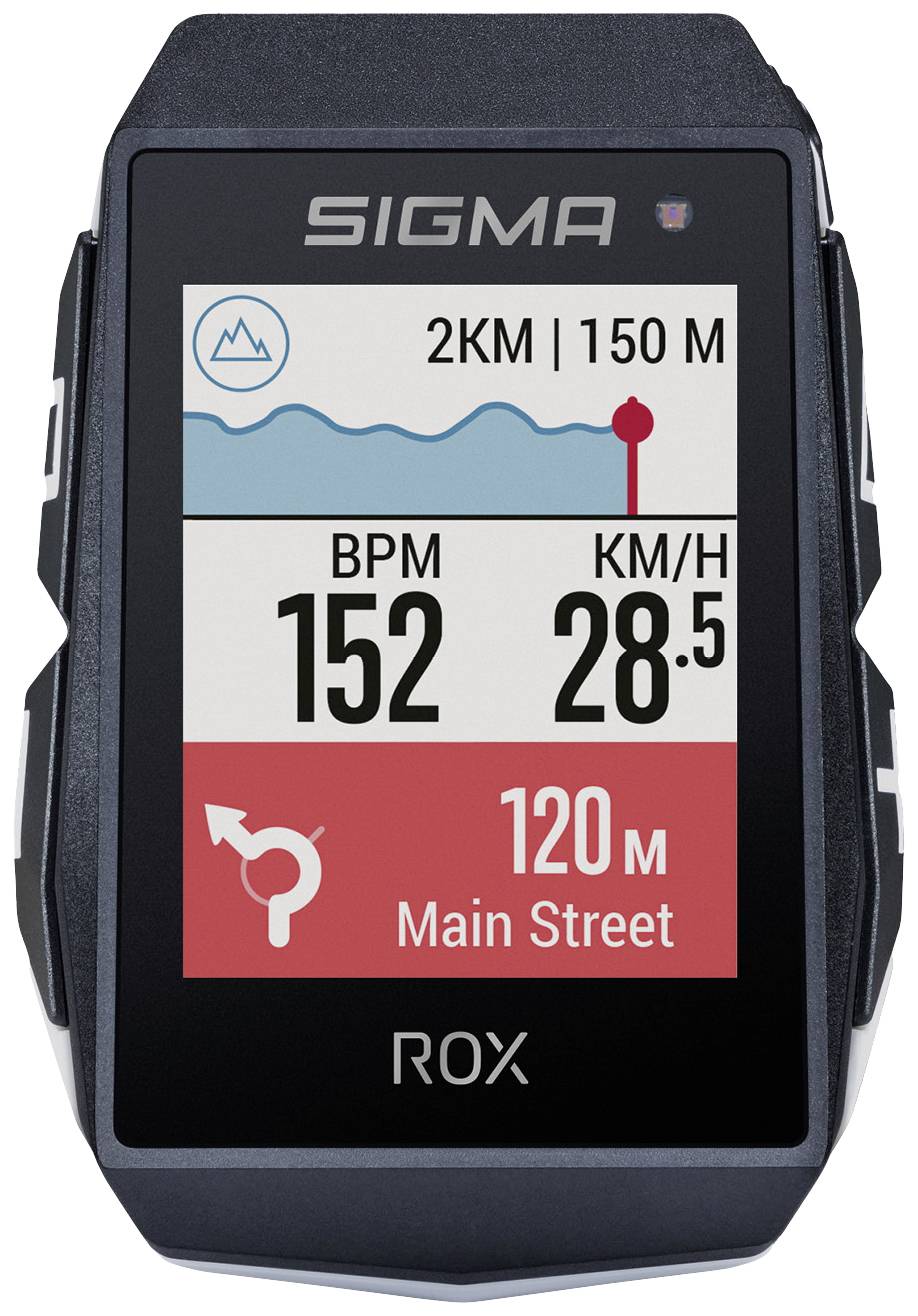 'Bicycle computer shows 2 km distance, 150 m elevation gain, 152 BPM heart rate, 28.5 km/h speed, 120 m to Main Street.'