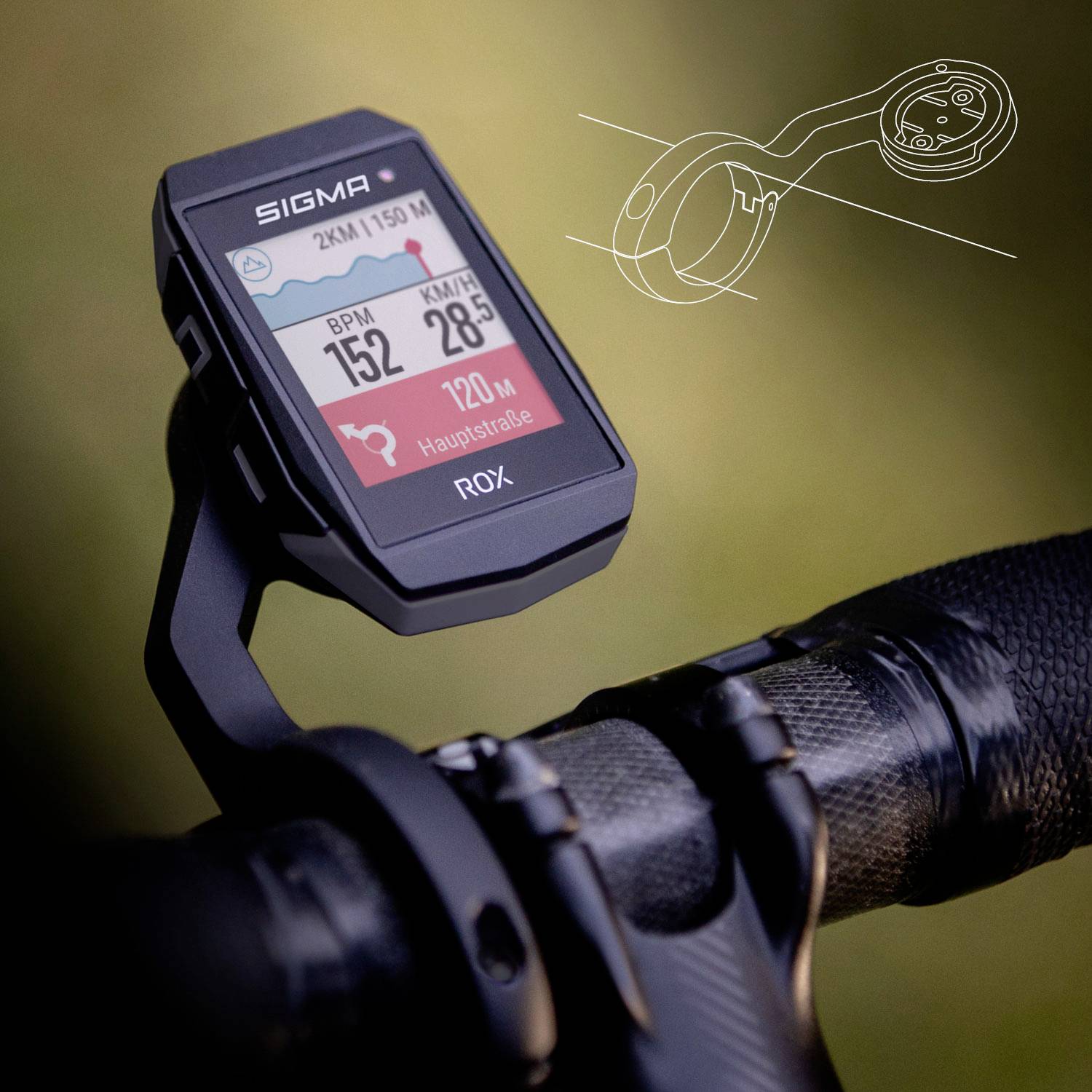 Bicycle computer on handlebars shows heart rate of 152 BPM and speed of 28 km/h on main road. Diagram of computer mount visible.