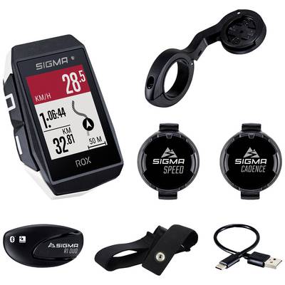 Bicycle computer set comprising a SIGMA ROX device, mount, speed sensor, cadence sensor, dual sensor, rubber band and USB cable.