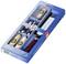 A set of four chisels in a blue box. The chisels have wooden handles and each has a metal head. Packaging with logo.
