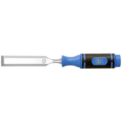 Chisel with a blue-black handle and silver blade, with a logo engraved on it.