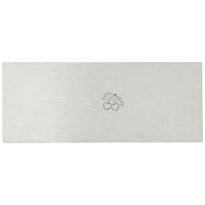 A rectangular metal plate with two engraved cherries in the centre, surrounded by a single-coloured, textured surface.