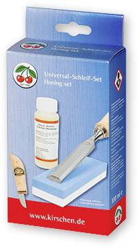 Packaging of a universal grinding set featuring a grinding stone, a sharpening oil, and a small knife depicted.