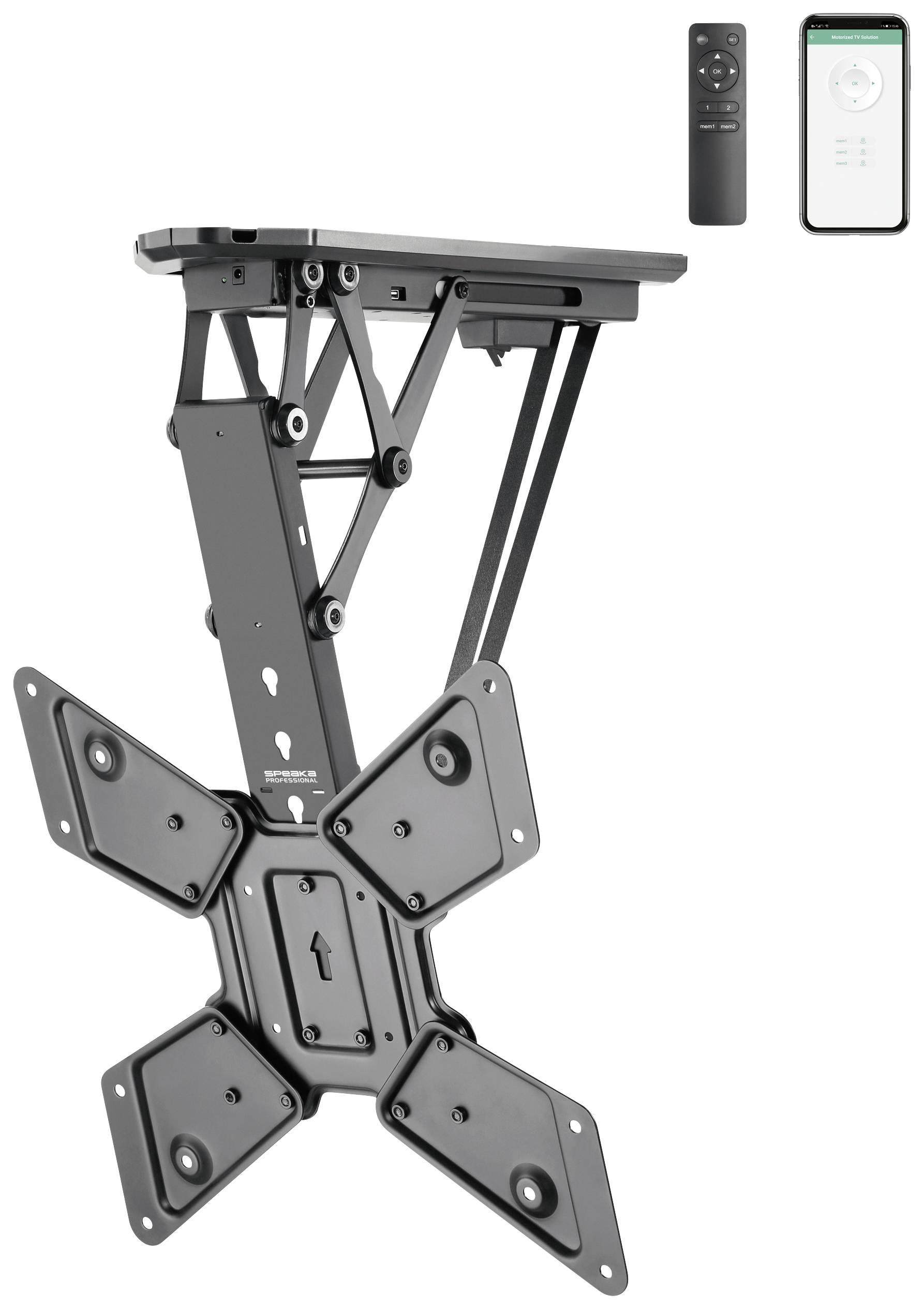 Television ceiling mount with remote control and smartphone control. Suitable for adjustable TV positioning.