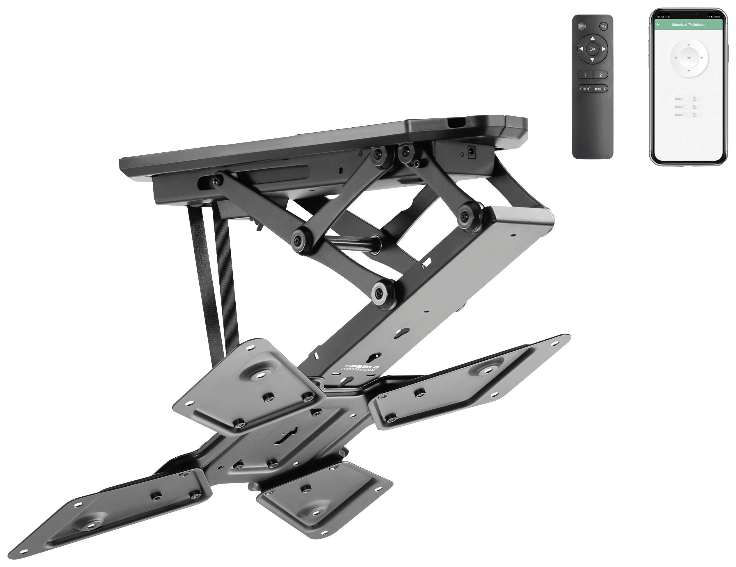 Motorised TV mount with folding arm, remote control, and smartphone app control. Ideal for flexible, space-saving installation.