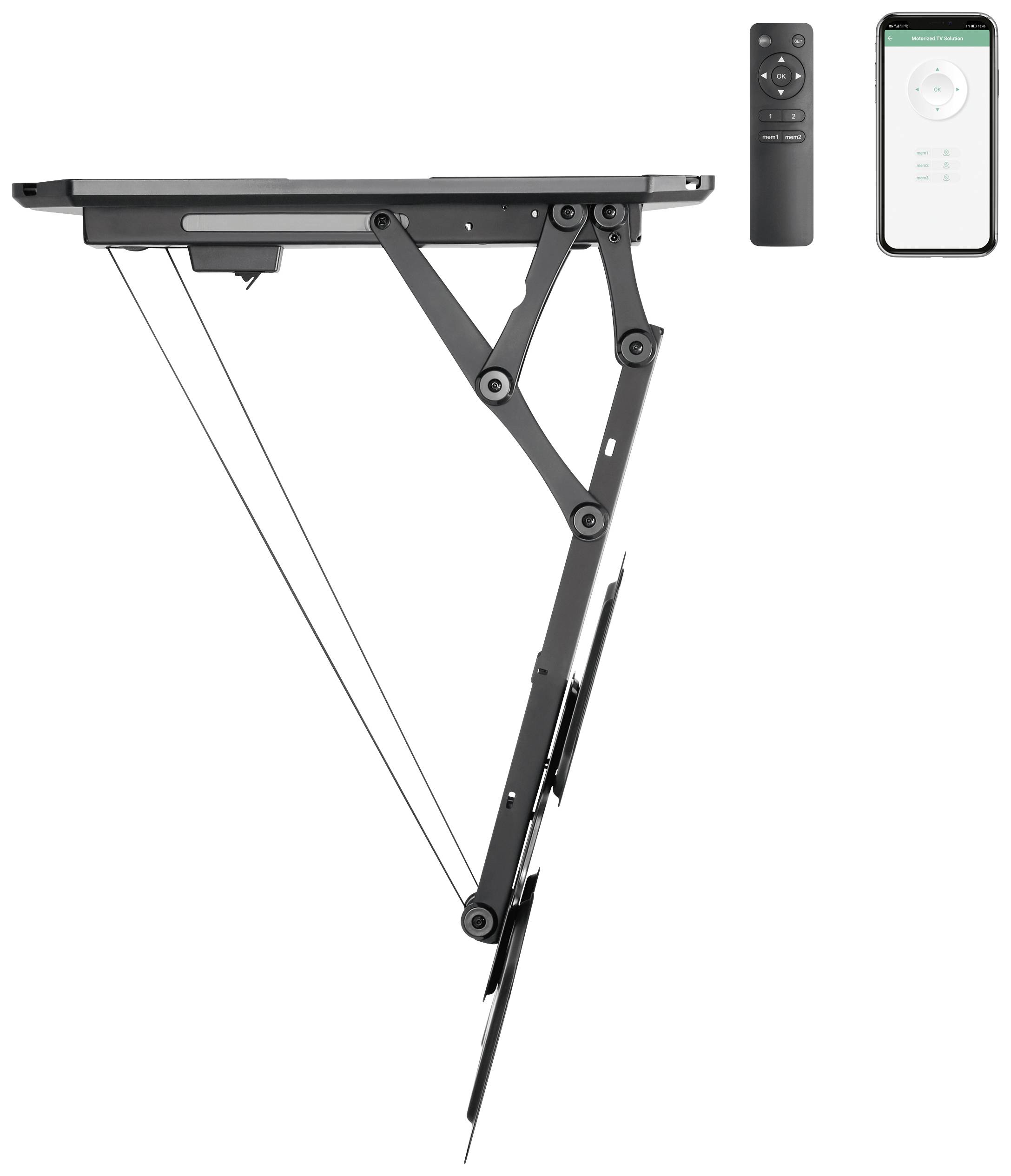 Electrically adjustable ceiling TV mount with remote control and smartphone app for position adjustment.
