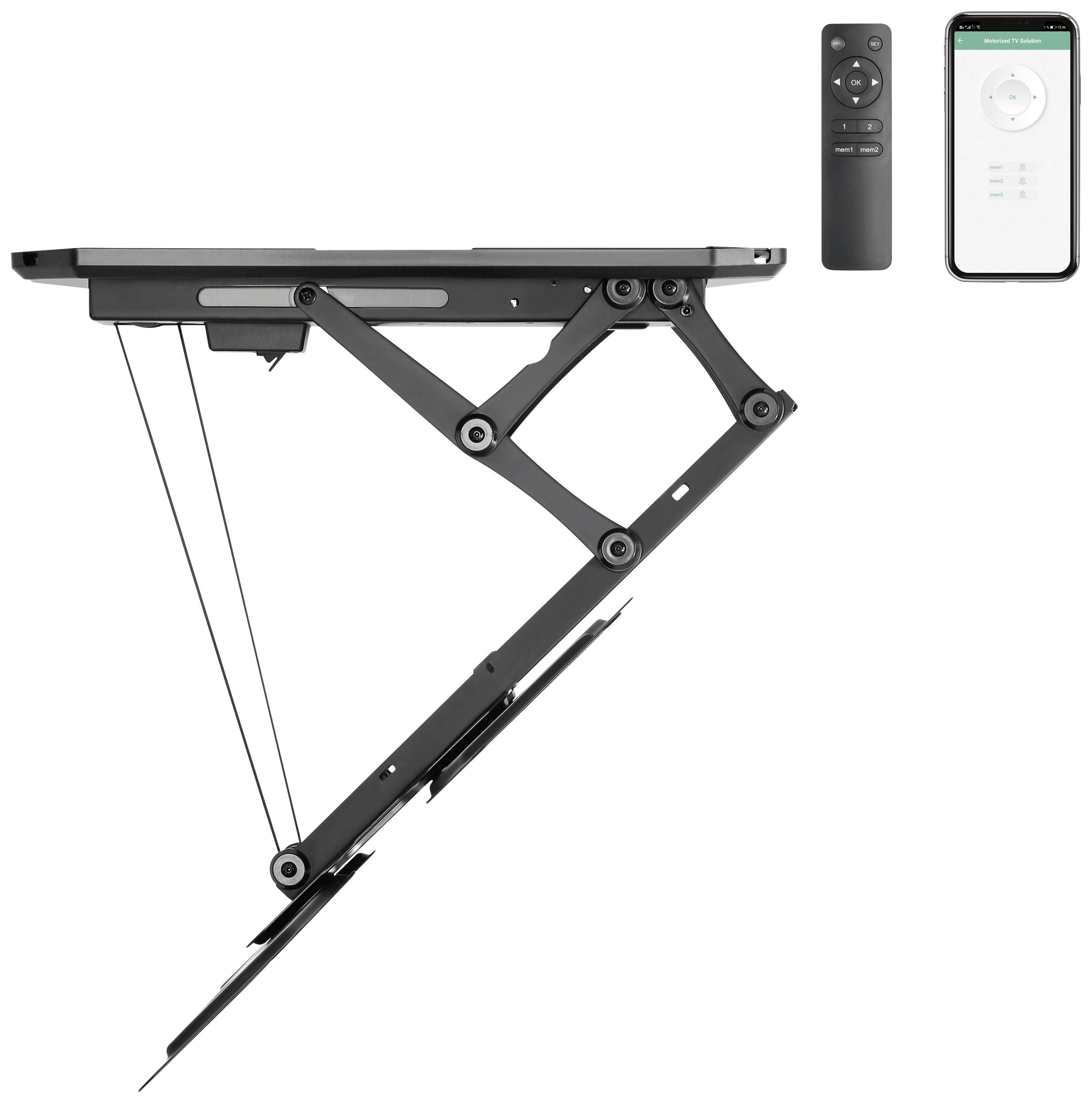 A foldable laptop stand made of metal next to a remote control and a smartphone with an app for controlling the stand.
