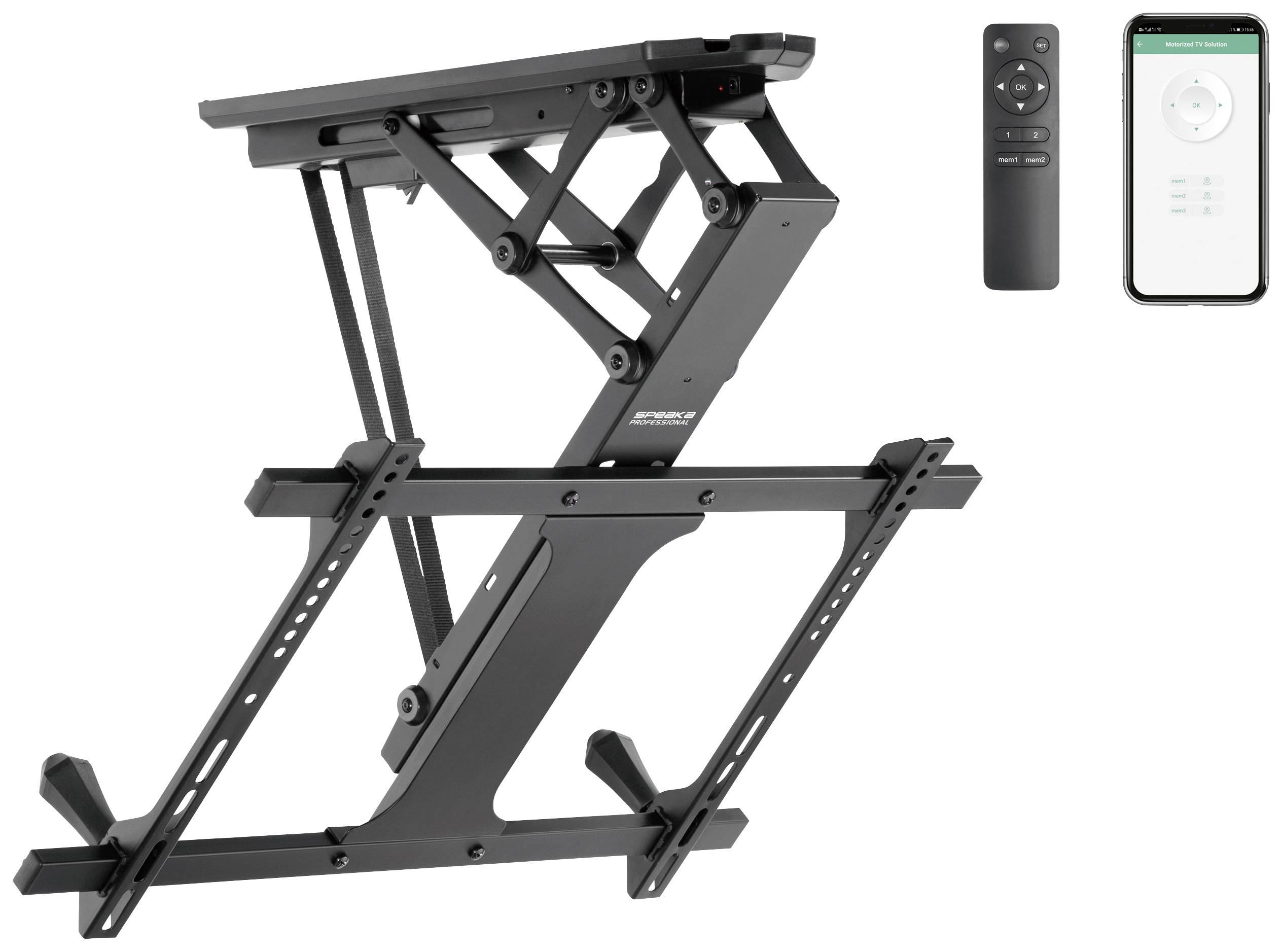 Electric TV mount, tiltable and height-adjustable, with remote control and smartphone app control. Ideal for flexible TV positioning.