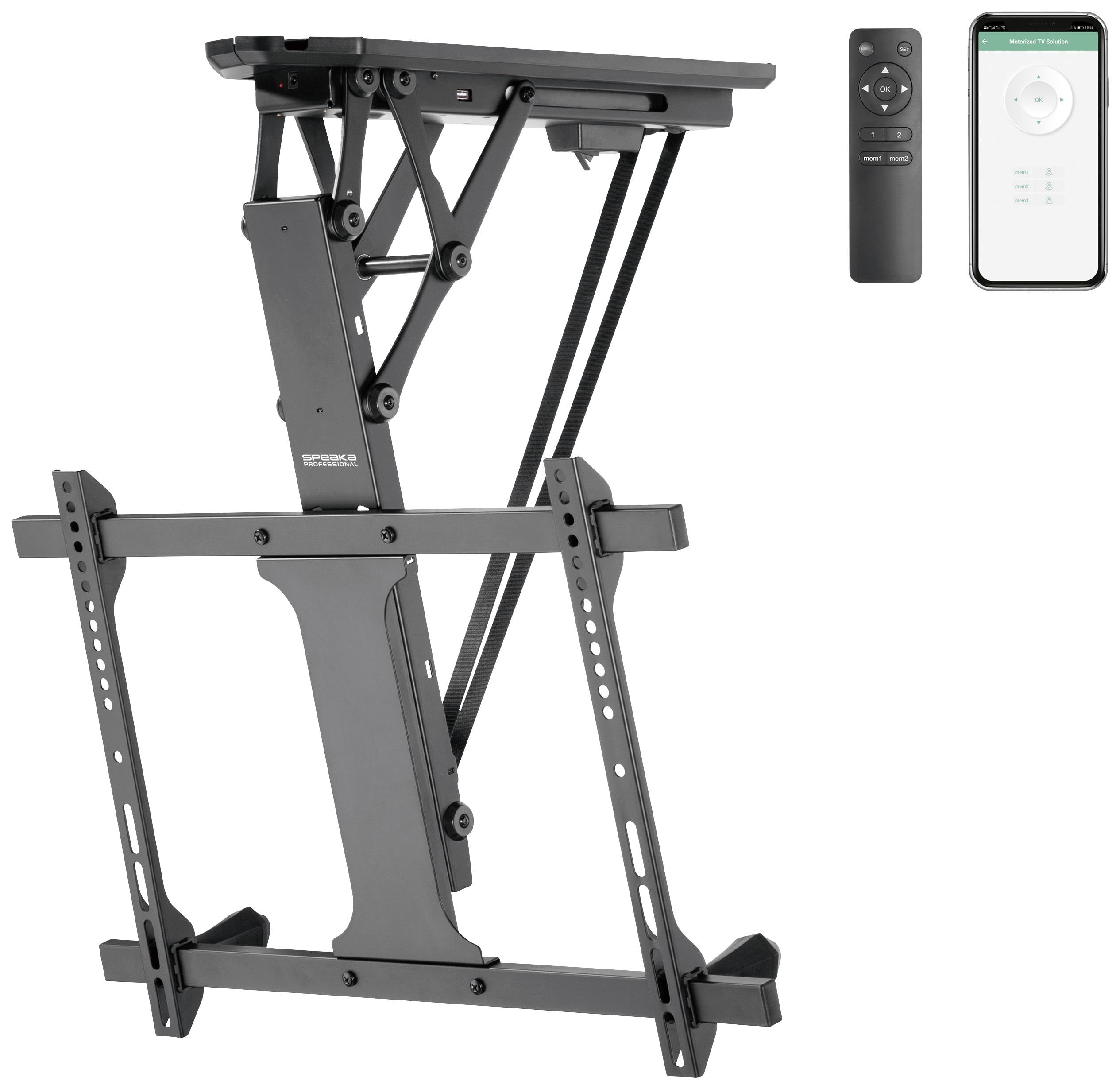 TV lift mechanism with remote control and smartphone control. Ideal for concealed installation, enables remote operation of the lift.