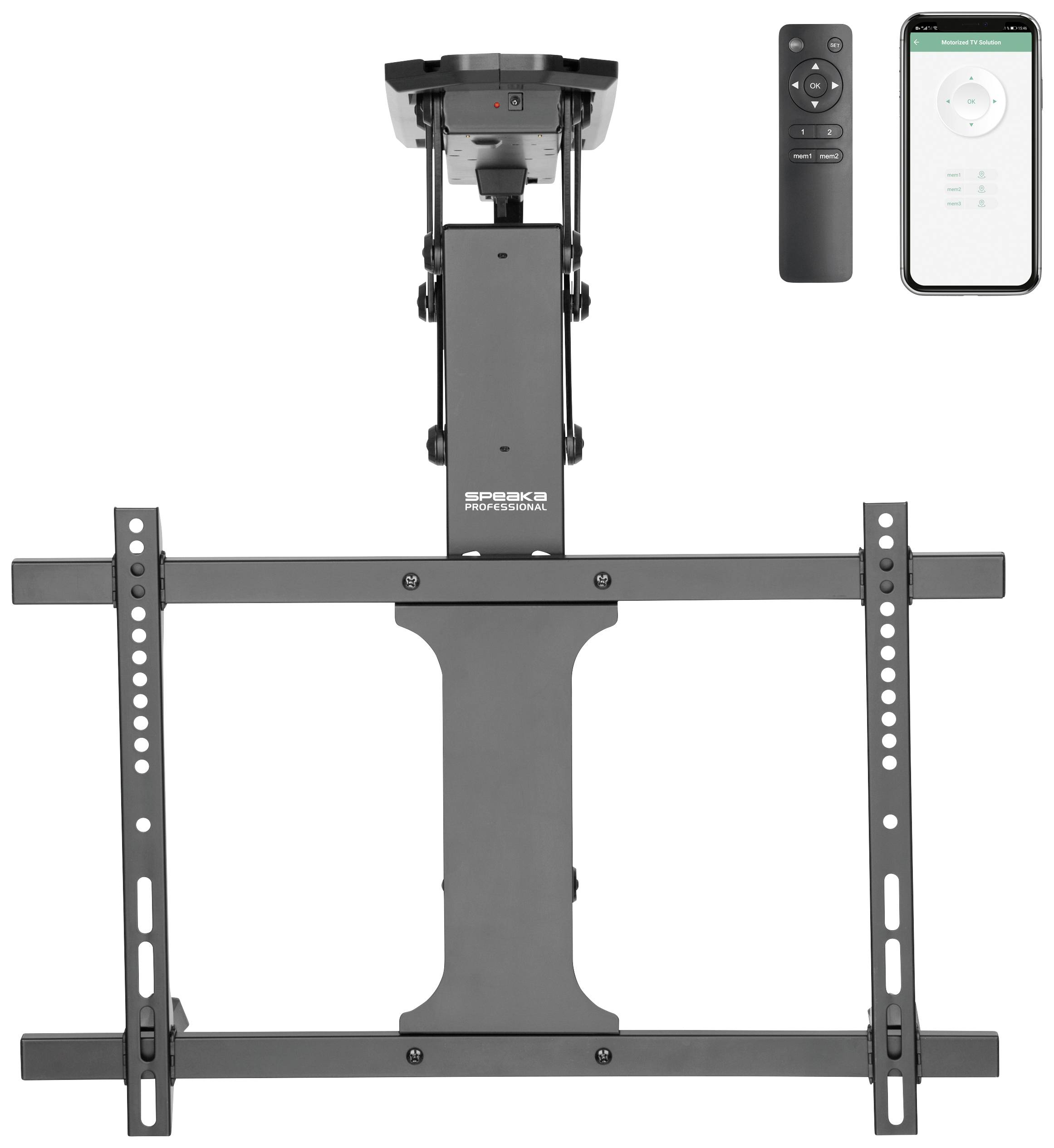 Dark grey TV ceiling mount with remote control and smartphone app for control. Suitable for wall or ceiling mounting.