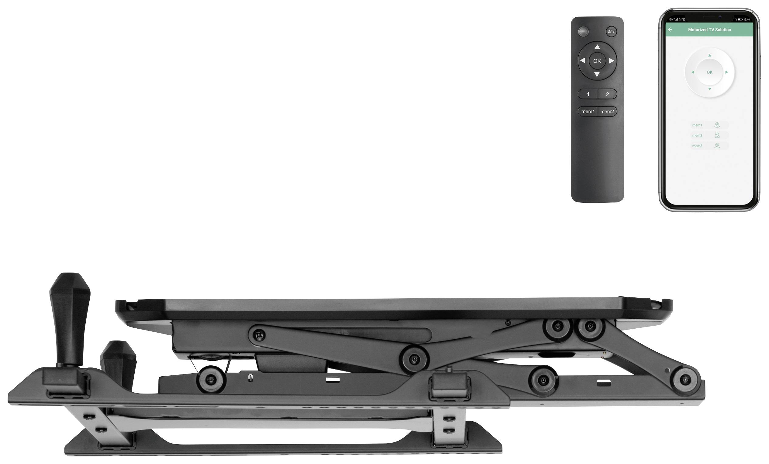Height and tilt adjustment mechanism with lever. Alongside, a remote control and a smartphone with an app for control.