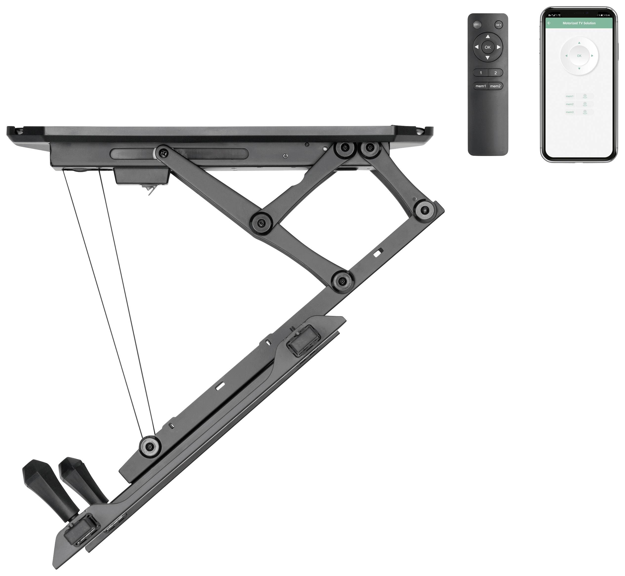 A wall mounting system with two gas struts for televisions, connected via remote control and smartphone app, shown in profile view.
