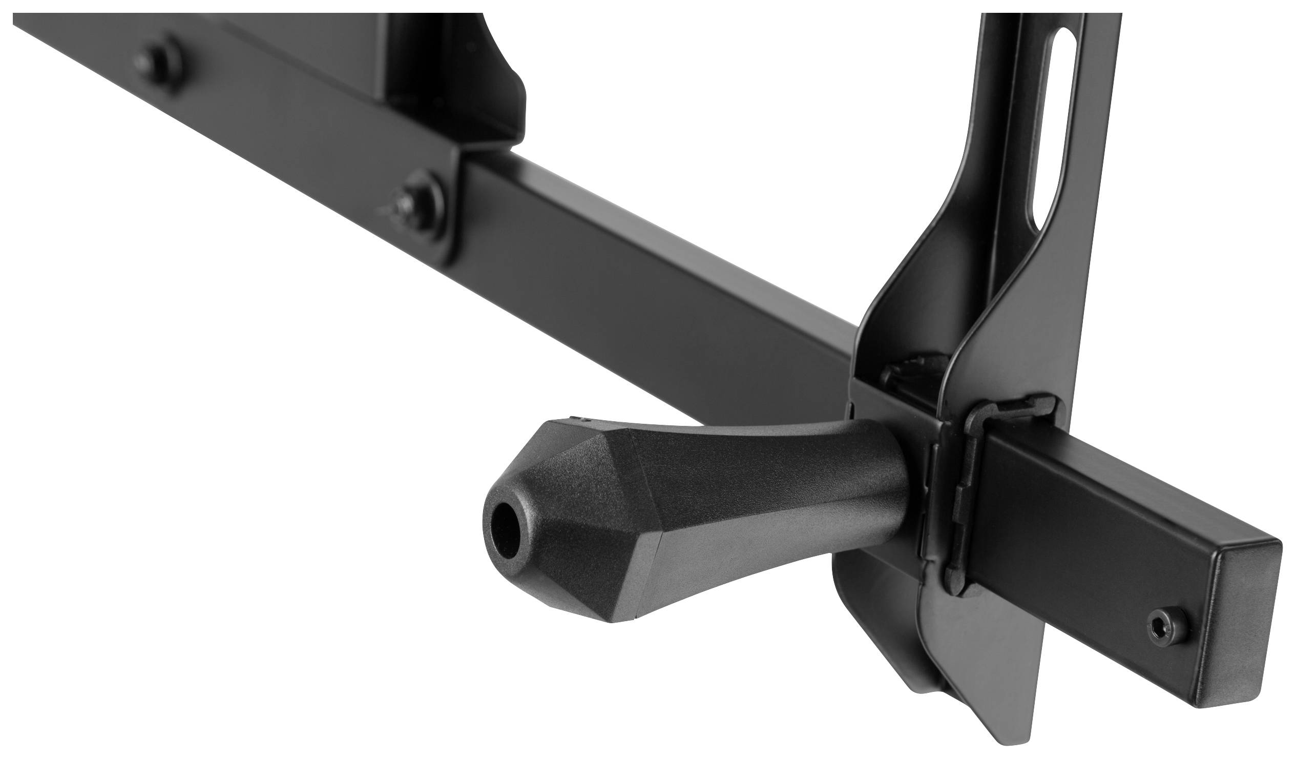 Close-up of a black, mechanical device with a lever on a metal rod. The device appears to be part of a mounting or fixing system.