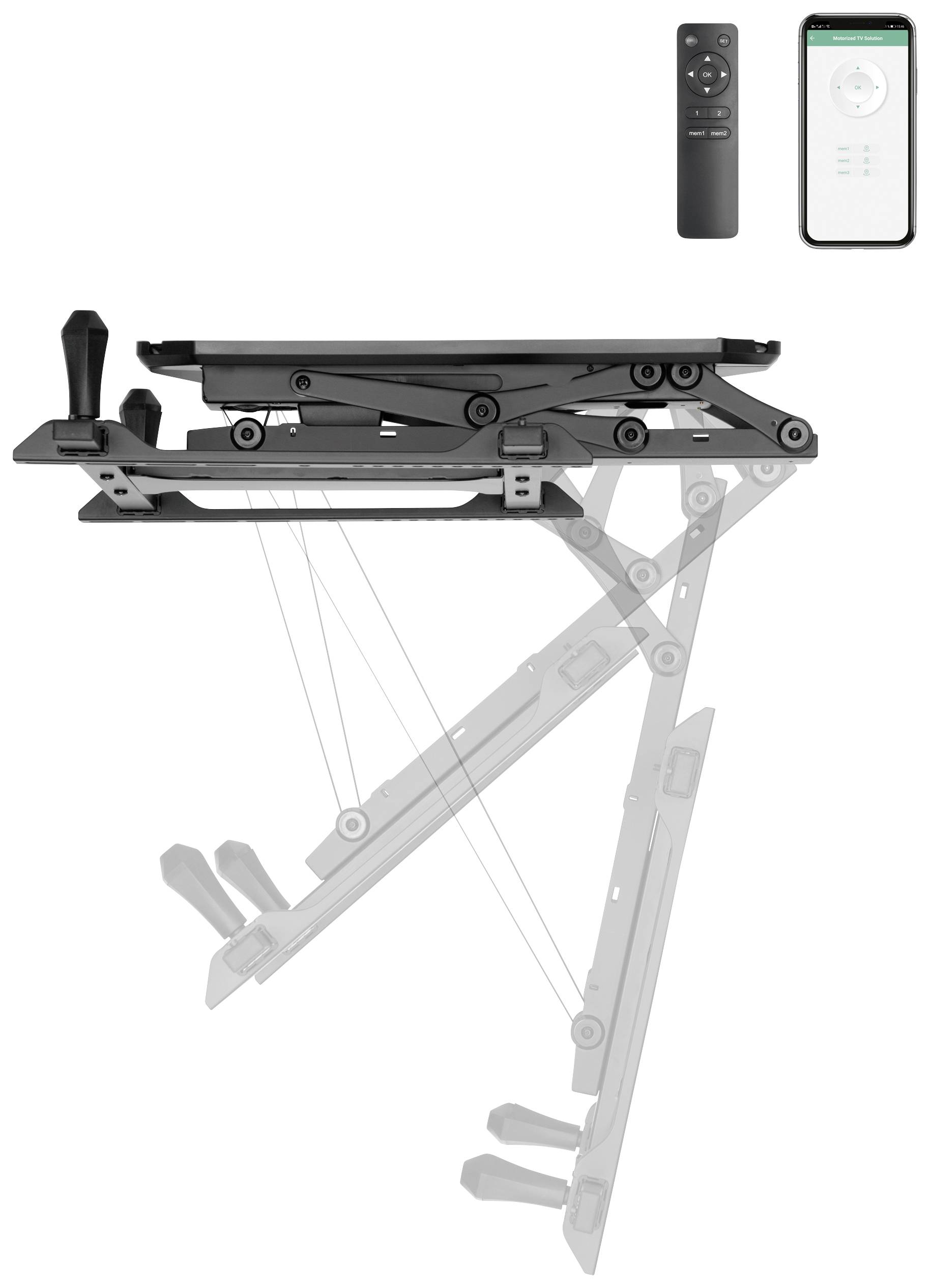 An adjustable stand with multiple positions, controllable via remote control and smartphone app for customising settings.