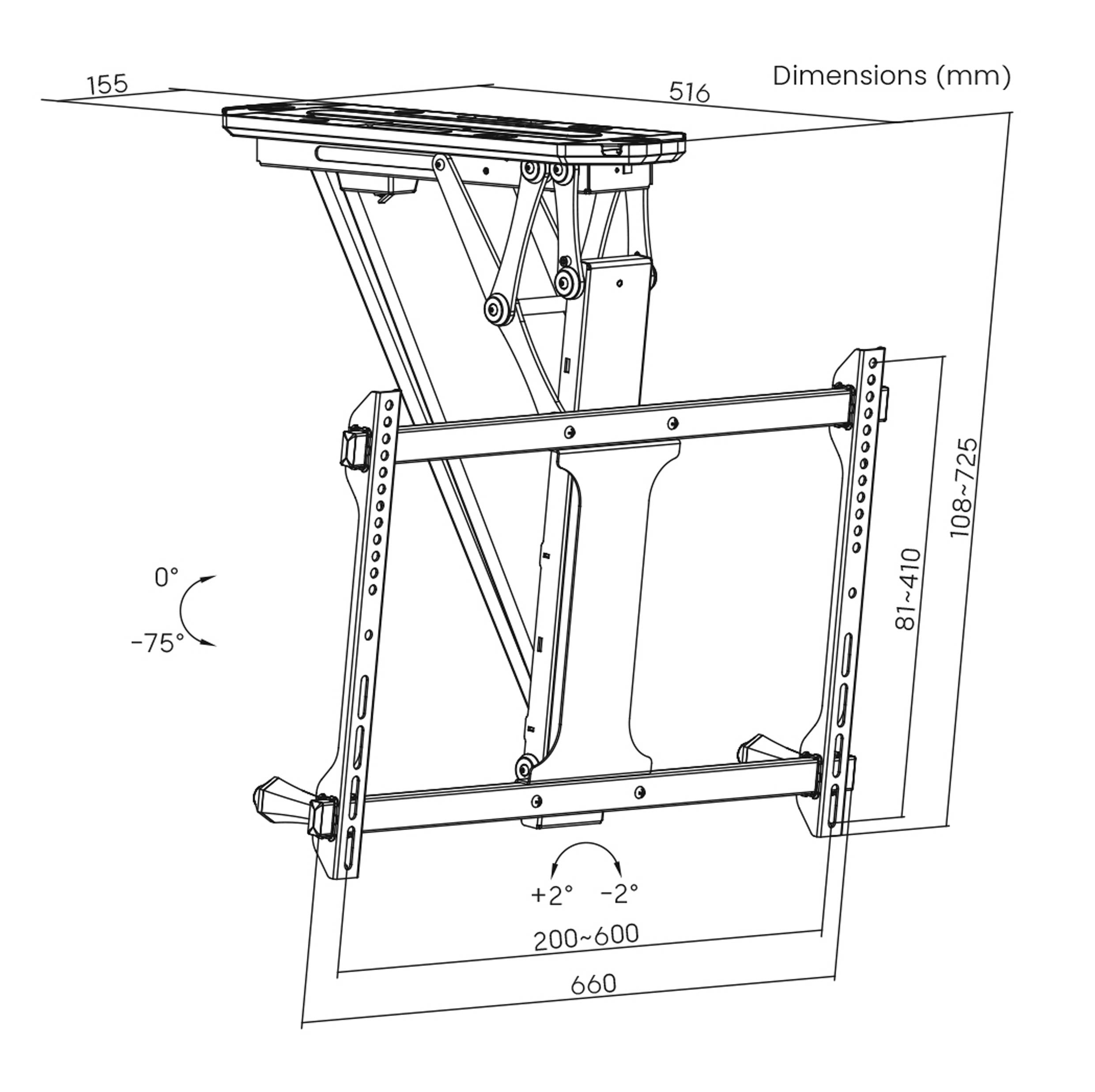 Adjustable TV mount diagram showing range of motion and dimensions: width 660 mm, height adjustable 81-725 mm, tilt 0° to -75°.