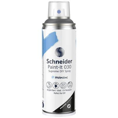 Spray can with the label 'Schneider Paint-It 030 Supreme DIY Spray', suitable for acrylic paint, matte finish, UV-resistant, DIY projects.