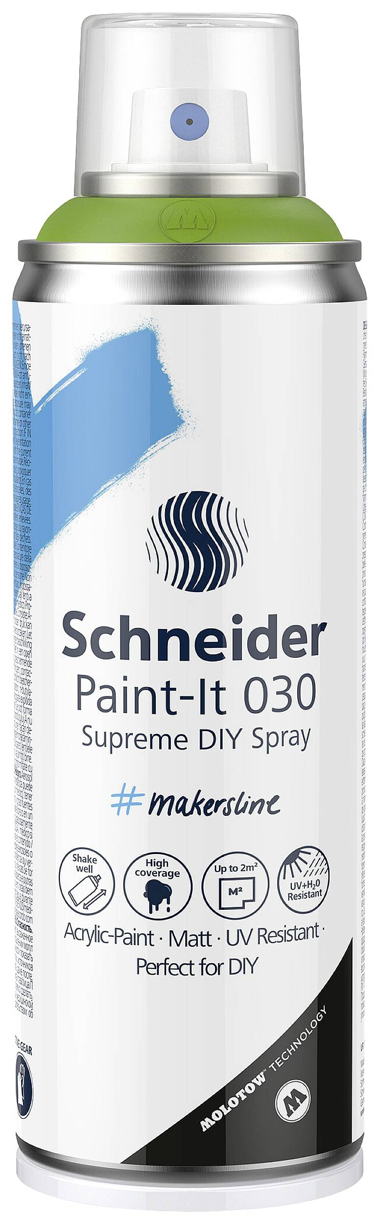 Spray can with blue cap and print 'Schneider Paint-It 030 Supreme DIY Spray'. Suitable for acrylic paint and DIY projects.