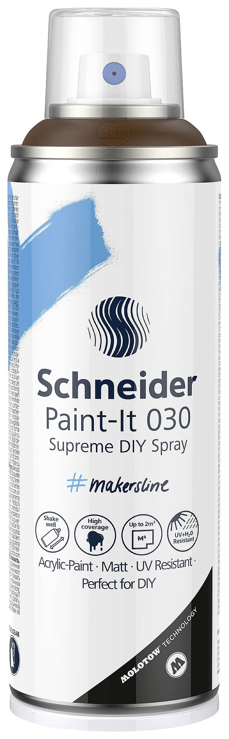 Spray can with the label 'Schneider Paint-It 030 Supreme DIY Spray'. Contains acrylic paint, matte, UV-resistant, ideal for DIY.