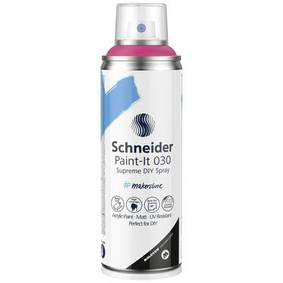 White spray can with blue and pink casing. Label reads: 'Schneider Paint-It 030'. Features: Acrylic paint, matte, UV-resistant.