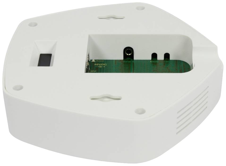 A white, wall-mounted device with a recess for electronic connections and ventilation slots on the side.