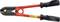 Red bolt cutters, shown from the side, with a yellow label describing technical specifications.