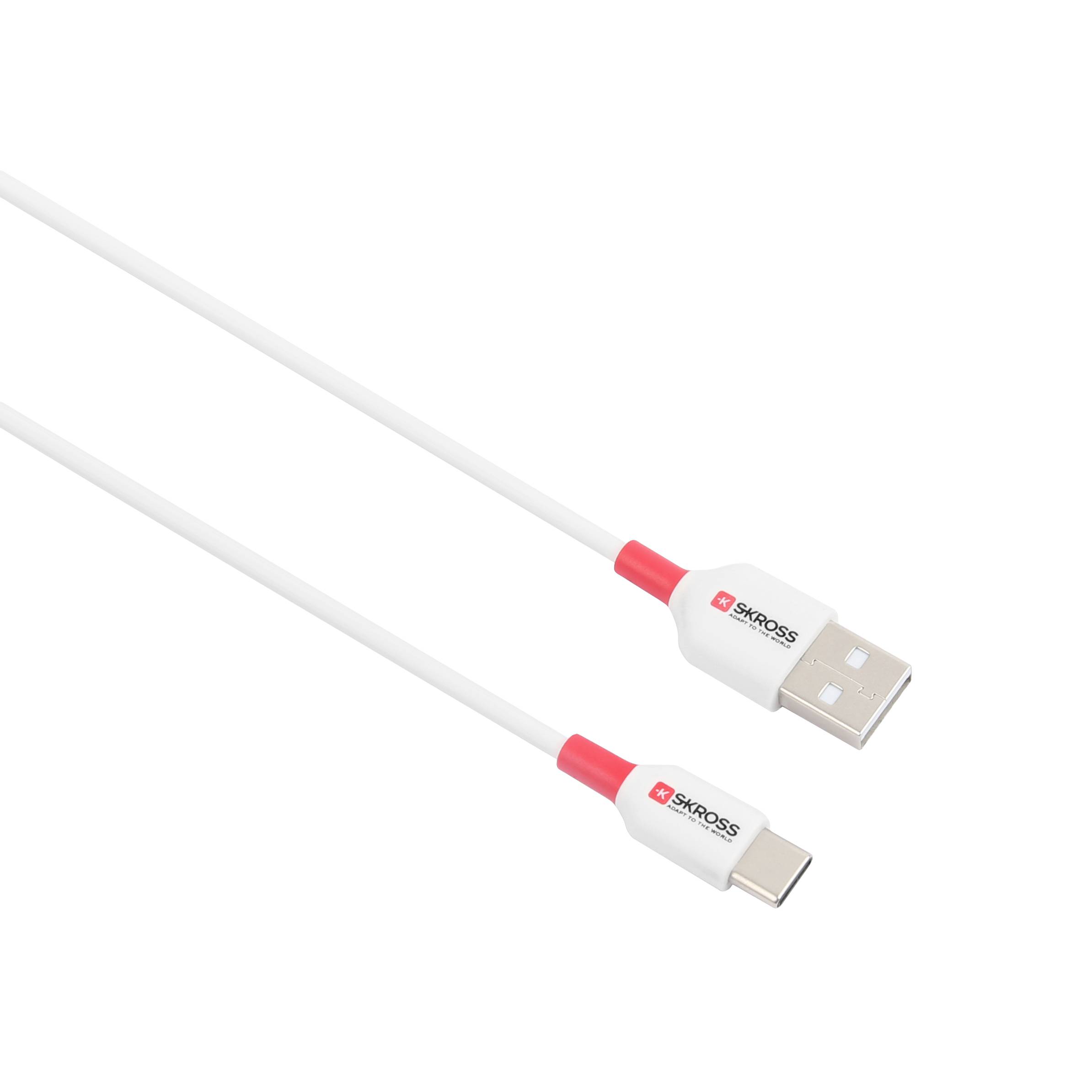 A white USB cable with red-rimmed connectors, a standard USB plug on one side and a USB-C plug on the other.