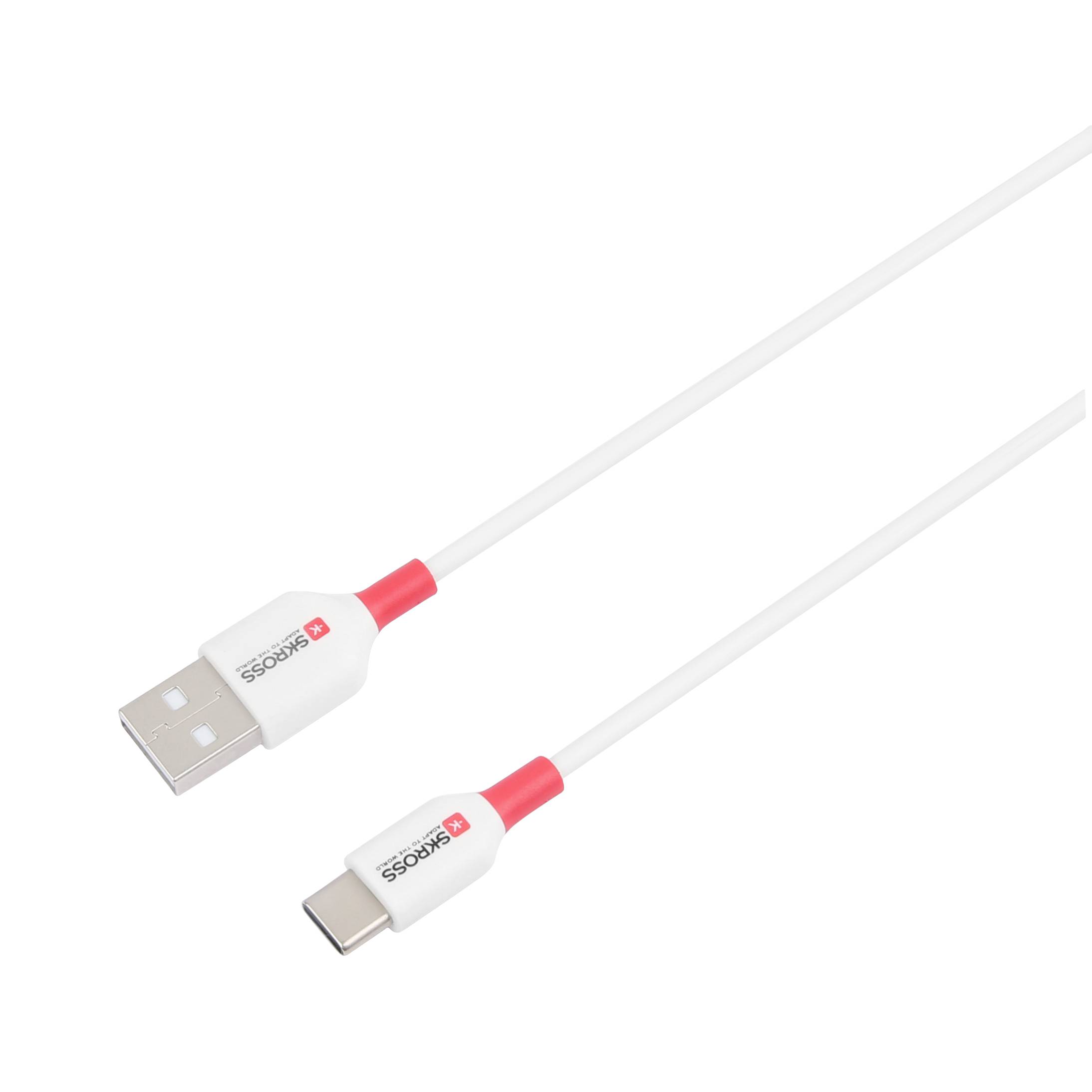 White USB cable with red and white connectors, showing a USB-A plug on the left side and a USB-C plug on the right side.