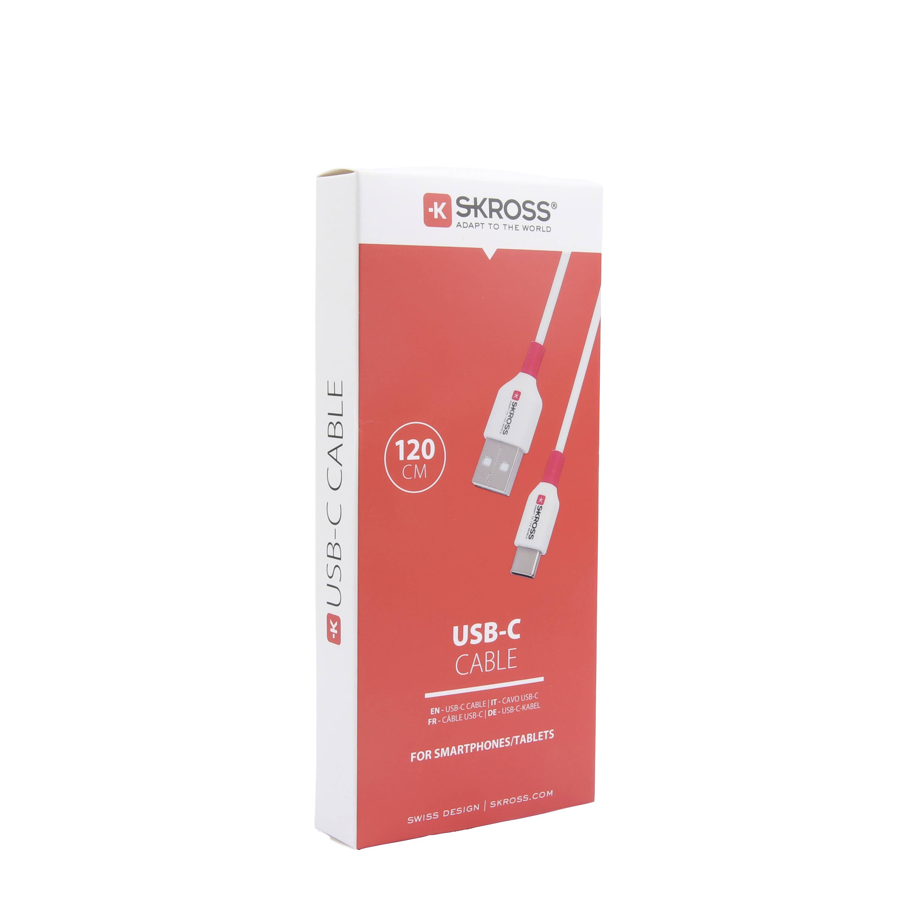 USB-C cable packaging by SKROSS, 120 cm in length, suitable for smartphones and tablets. Packaging designed in red and white.
