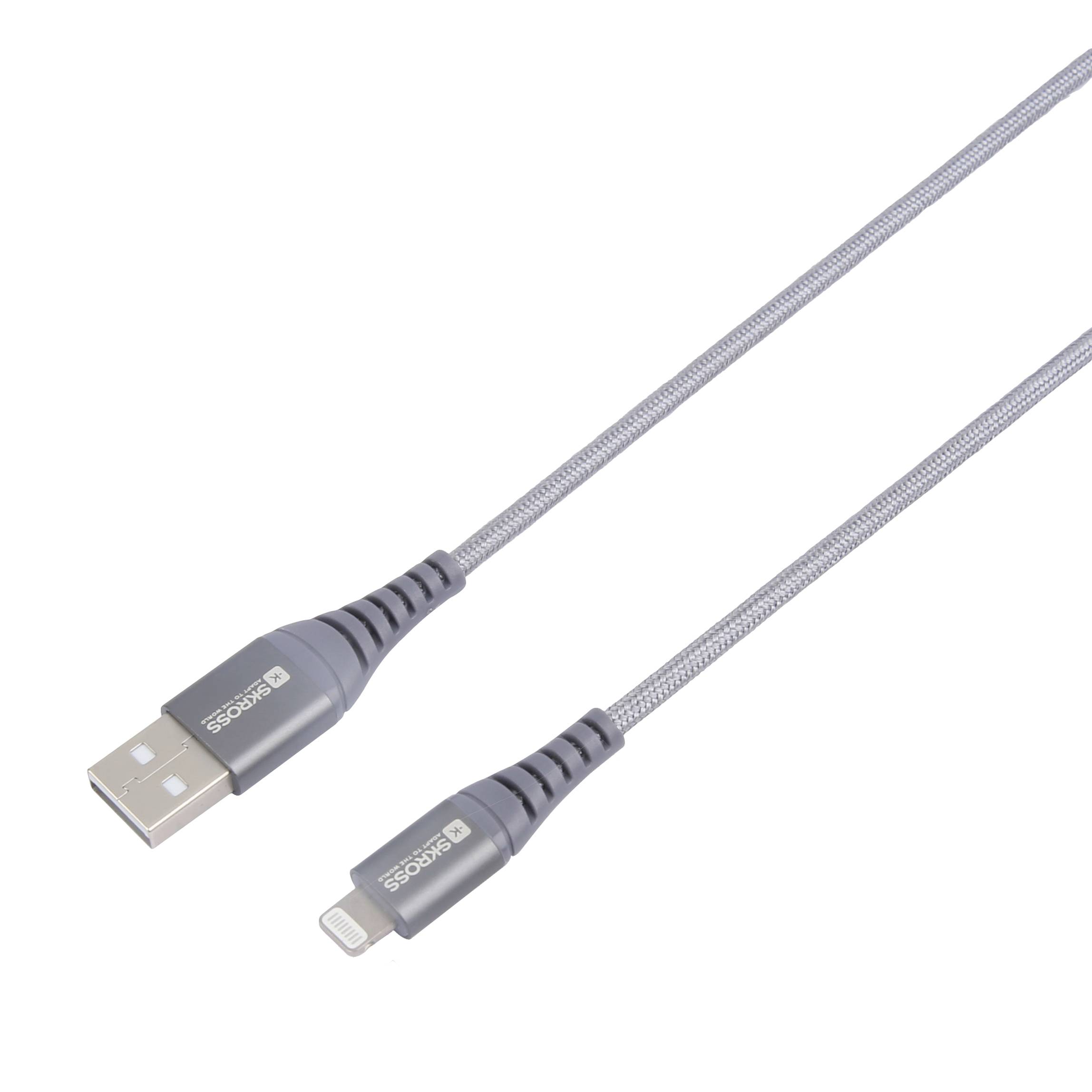 A grey USB cable with a USB-A connector on one side and a Lightning connector on the other side, laid flat on a white background.
