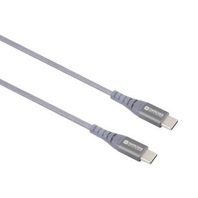 Grey USB-C cable with two connectors, compatible with various devices, marked with a manufacturer's logo.