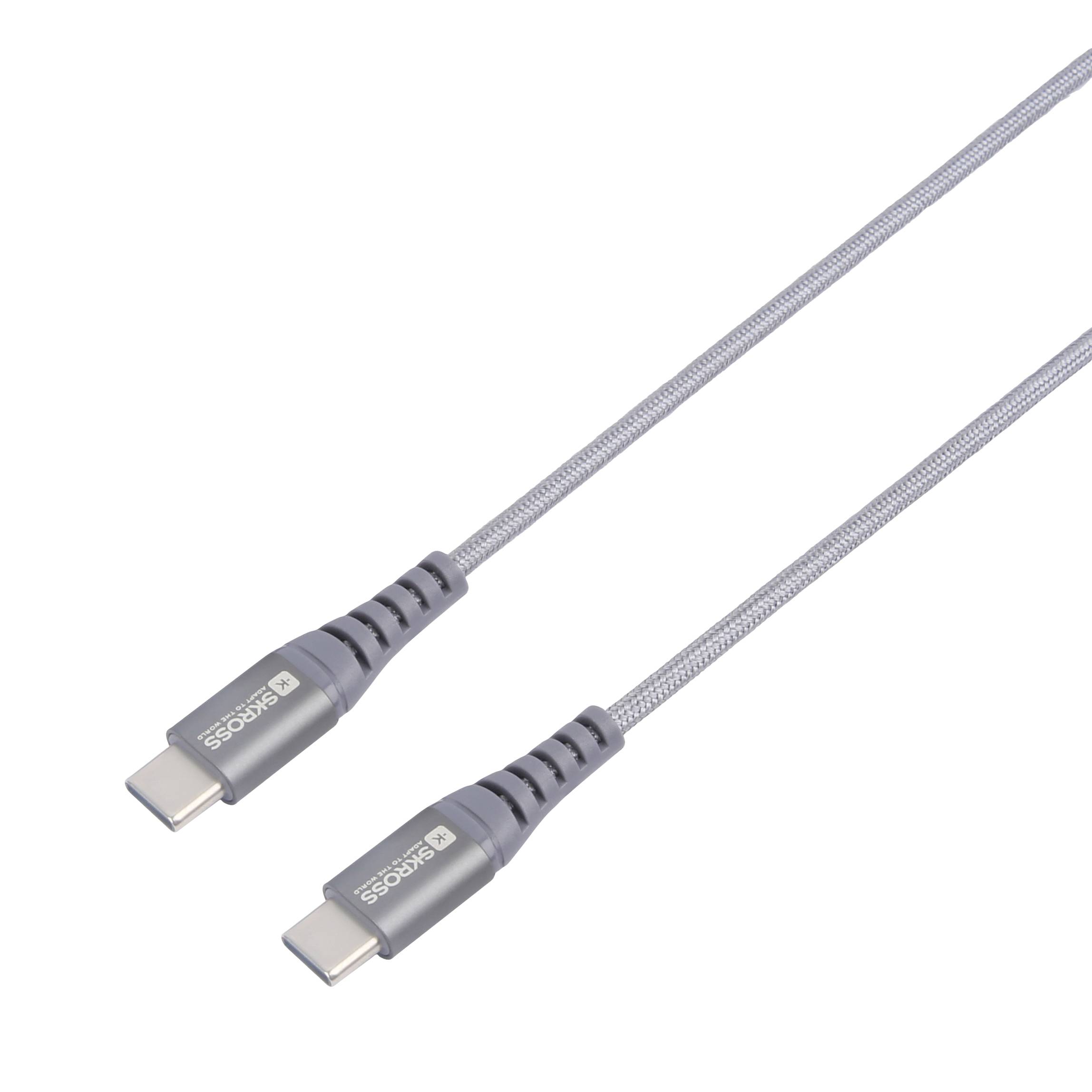 USB-C cable with connectors at both ends in a silver braided sleeve, suitable for fast data transfer and charging.