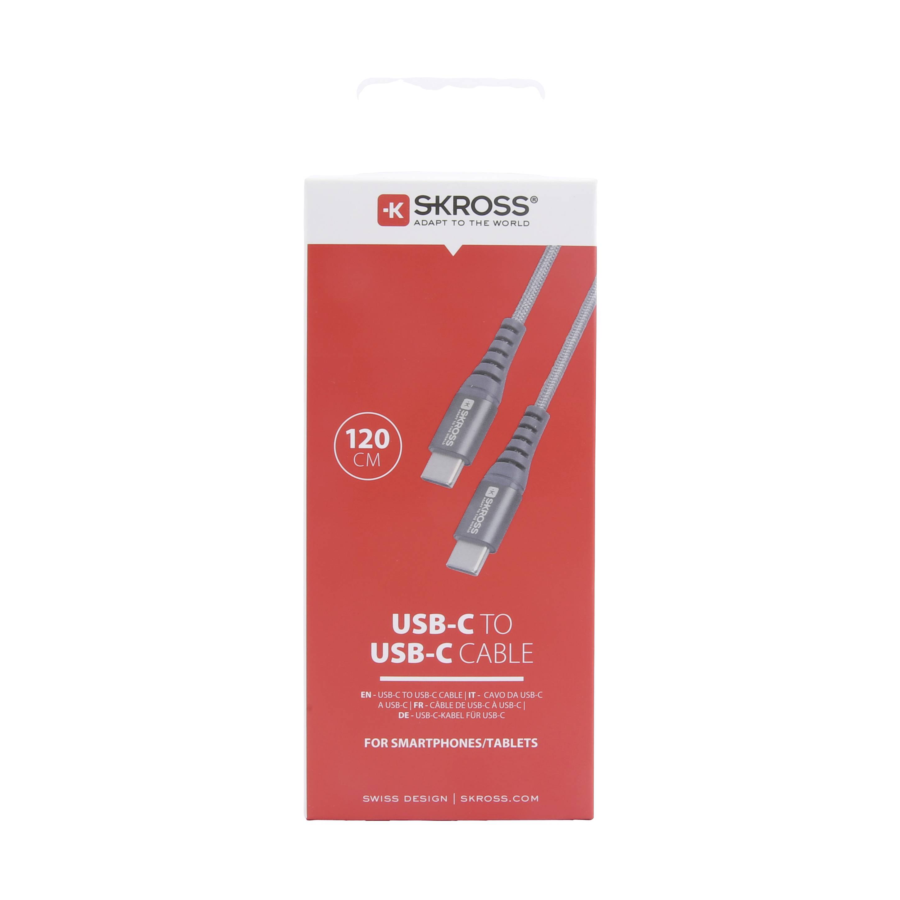 Red packaging of a 120 cm long SKROSS USB-C to USB-C cable, suitable for smartphones and tablets.