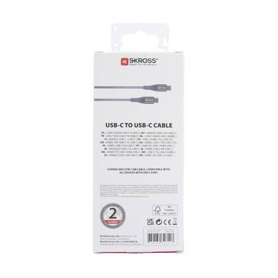 Packaging for a Skross USB-C to USB-C cable. Demonstrates compatibility with USB-C devices and includes warranty information.