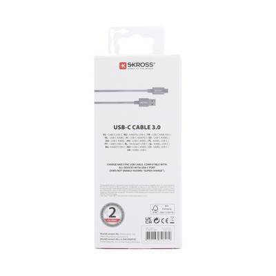 Back of Packaging for USB-C Cable 3.0 by Skross<br>- Compatibility with multiple devices<br>- Supports fast charging function<br>- 2-year manufacturer's warranty<br>- Certified according to EU standards<br>- High-speed data transfer<br>- Robust and durable design